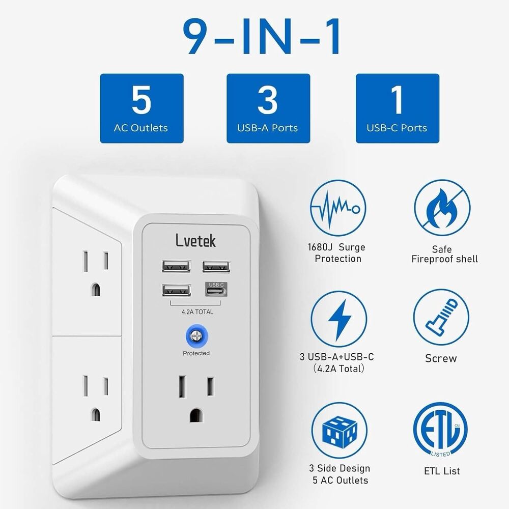 5 Outlet Surge Protector Wall Mountable Charger with 3 USB +1 USBC Ports, 1875W